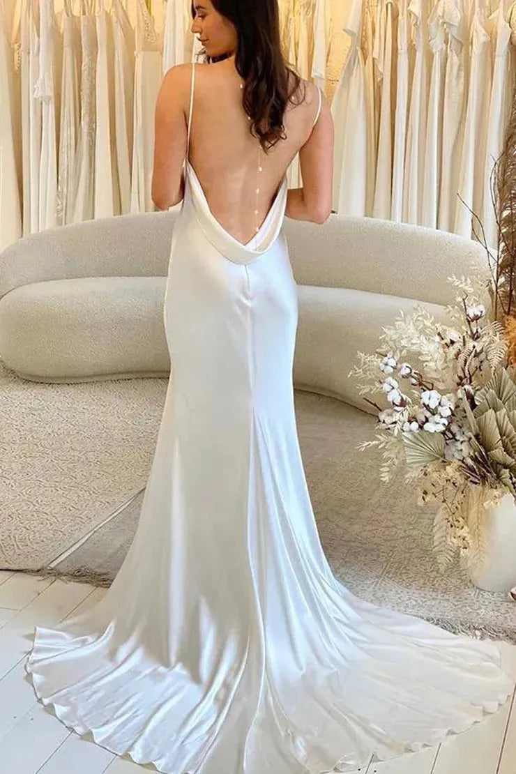 Sexy Simple Satin Mermaid Wedding Dress Spaghetti Strap Square Neck Elegant Bridal Gown Backless Sweep Train Vestidos De Novia 14w