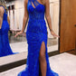 Princess One Shoulder Fishtail Prom Dress Sapphire Blue Vestidos De Noche Fairy 3D Flower Mermaid فساتين مناسبة رسمية