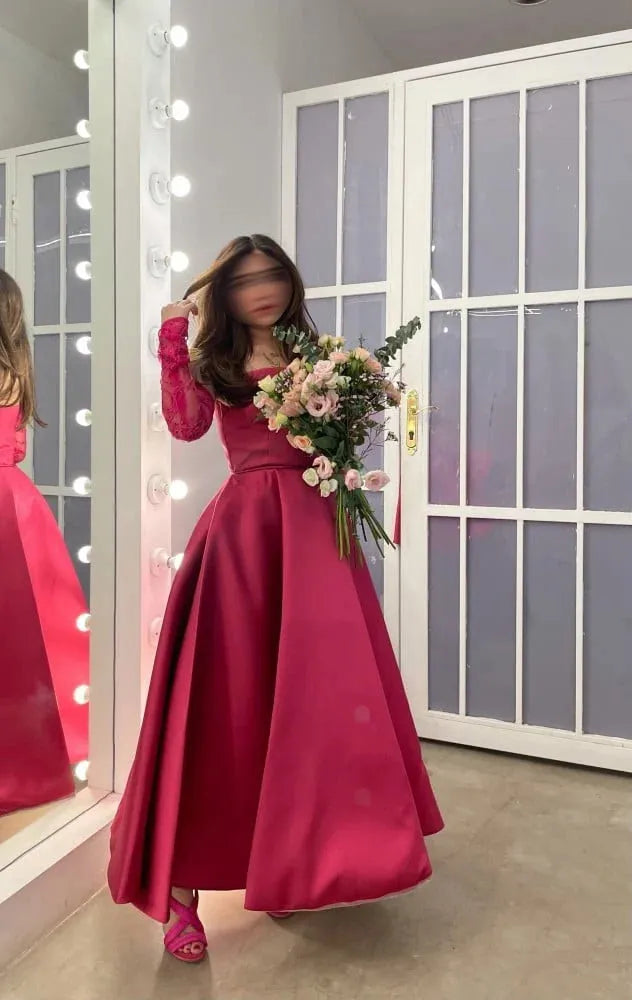 Wine Red Off Shoulder A-line Evening Dress Lace Detachable Sleeves فستان حفلات الزفاف Pleated Satin robes de soirée as pic