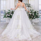 Ivory-nude Sheer Neck Wedding Dresses Plus Size A Line Tulle Lace Appliques Beaded Long Floor Length Bride Gown with Sleeve