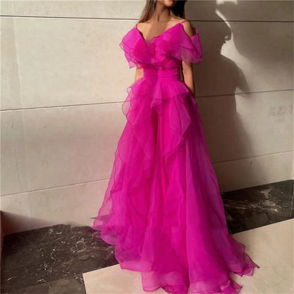 Silk Organza A-line Prom Dress Sexy Rose Pink Evening Dress Hemming Design Floor Lenght فساتين مناسبة رسمية