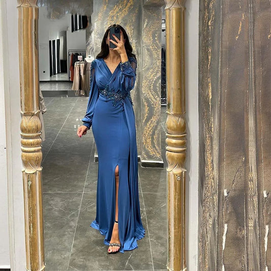 Sexy Mermaid Prom Dress Silk Chiffon Evening Dress With Puffy Sleeve فستان سهرة Blue Arabic Women Formal Prom Dress