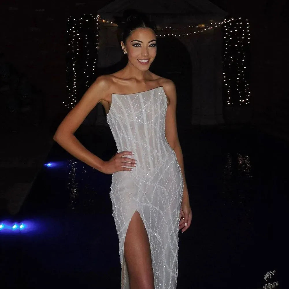 SoDigne Sparkly Mermaid Wedding Dresses Corset Bone High Side Split Evening Party Gown Sequins Shiny Women Wedding Banquet Dress Ivory