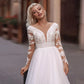 Bohemian Puff Tulle Wedding Dresses Panjang Lace Lace V Leher Gaun Pengantin Vestido de Novia Gaun Parti Pernikahan Modest