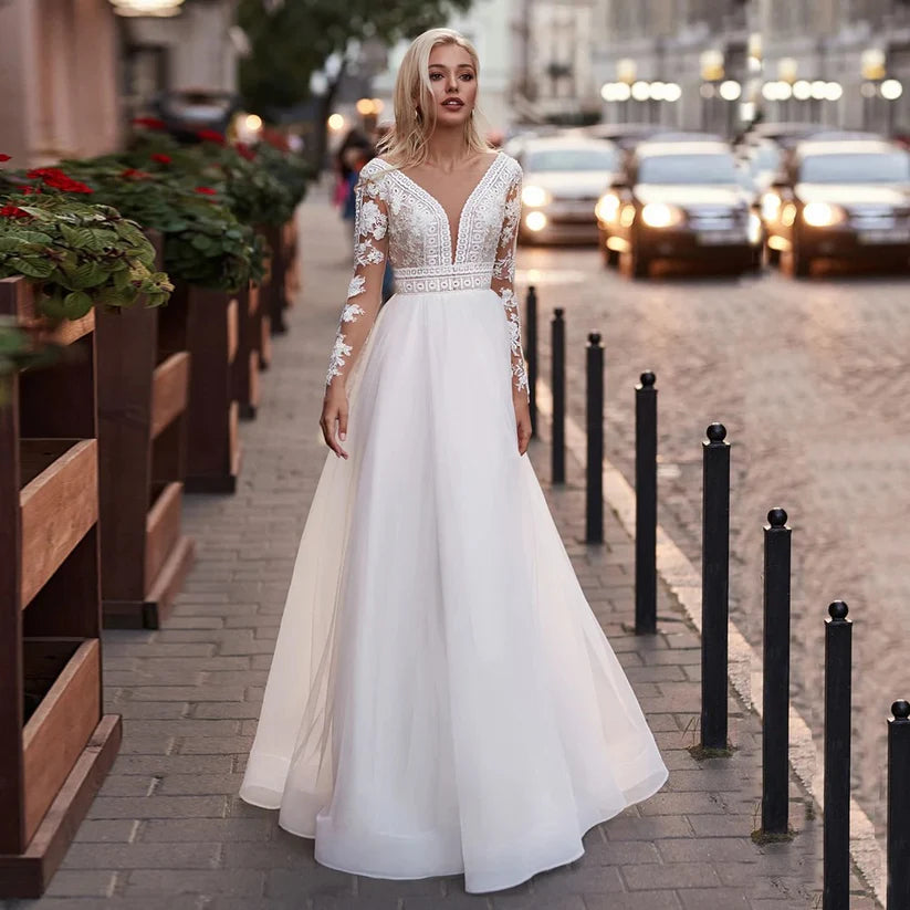 Bohemian Puff Tulle Wedding Dresses Panjang Lace Lace V Leher Gaun Pengantin Vestido de Novia Gaun Parti Pernikahan Modest