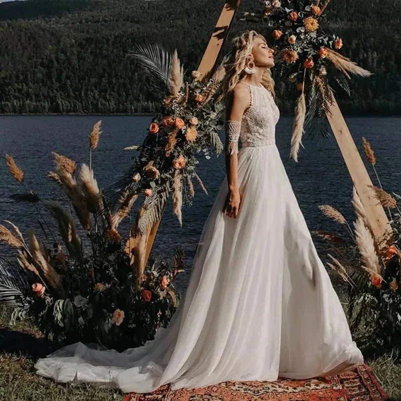 Bohemian Beach Wedding Dresses with Sleeves Robe De Mariage For Women Vintage Tassel Crochet Lace Country Garden Boho Bride Ivory 14w Boho