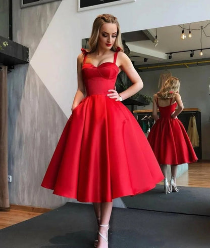 Fuchsia Prom Dresses Satin Knee Length with Pockets Spaghetti Strap A Line Evening Formal Party Gowns Graduation Homecoming