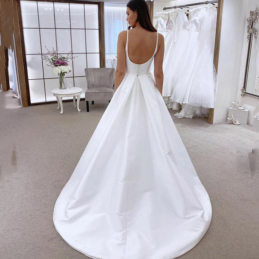 PERFECT Simple O-Neck A-Line Wedding Dresses Elegant Spaghetti Straps Open Back Sleeveless Bridal Gowns Sweep Train Custom Made