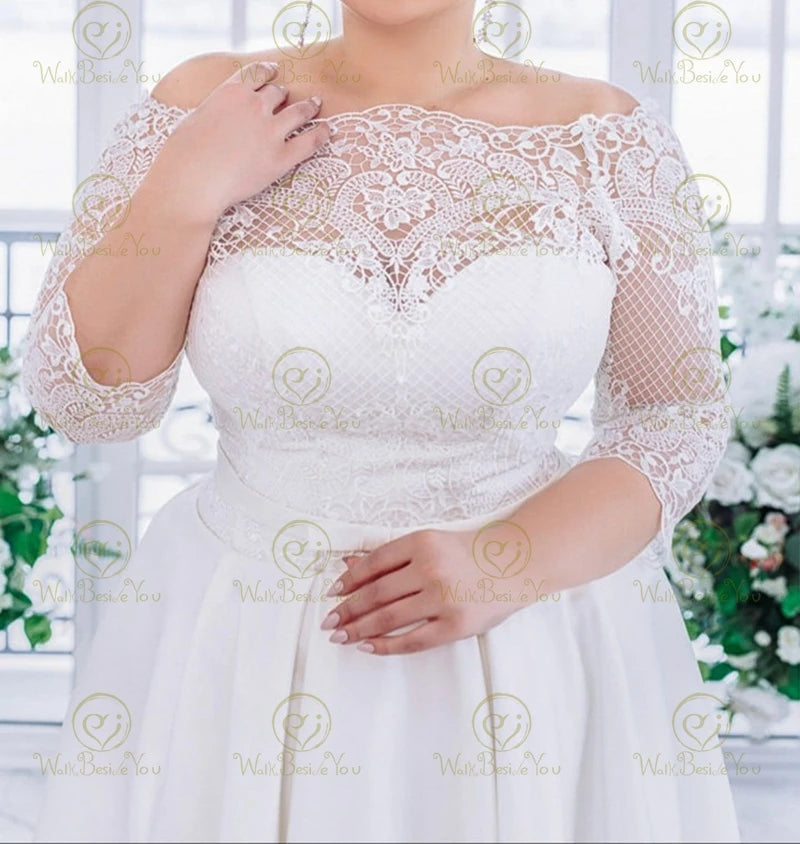 Plus size wedding dress short front long back lace and satin bride dress bridal gown with 3/4 long sleeves off shoulder