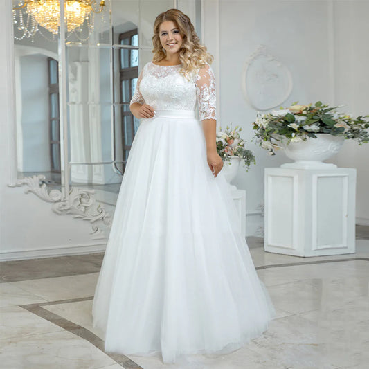 Gaun Perkahwinan Pantai Vintage Plus Saiz Boho Lace Applique Tiga Suku Suku Tulle Bride Gaun Panjang Lantai A-Line