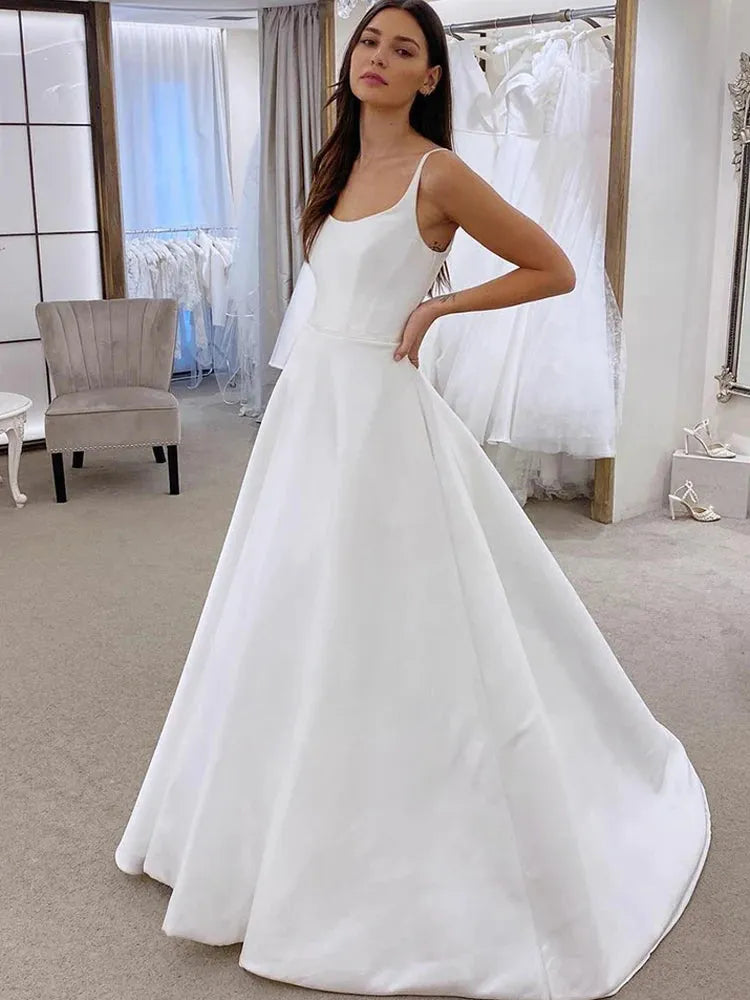 PERFECT Simple O-Neck A-Line Wedding Dresses Elegant Spaghetti Straps Open Back Sleeveless Bridal Gowns Sweep Train Custom Made 14w