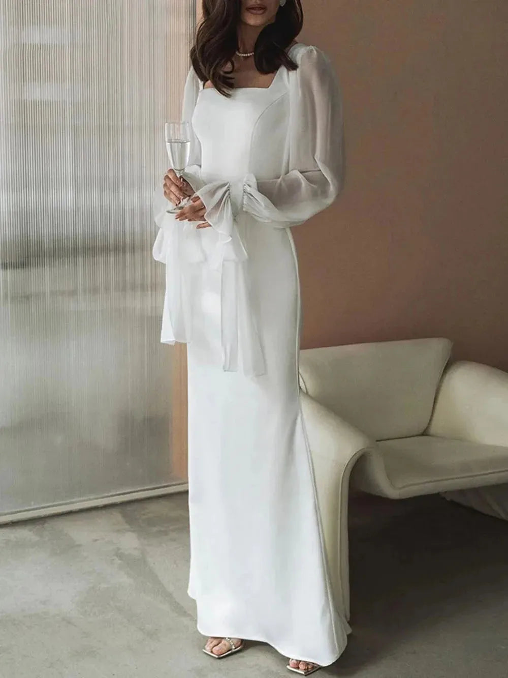 Simple Wedding Dresses Square Neck Puff Sleeves Bodycon Satin Bride Dresses Vintage Bridal Gowns Floor length 26w Satin