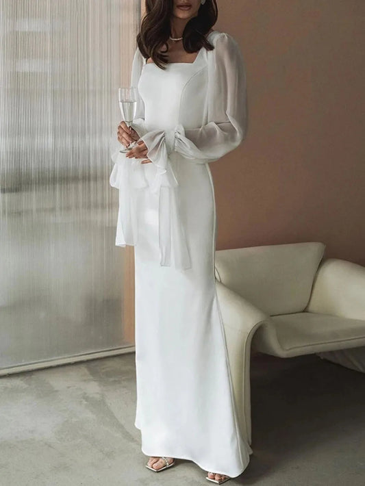 Simple Wedding Dresses Square Neck Puff Sleeves Bodycon Satin Bride Dresses Vintage Bridal Gowns Floor length