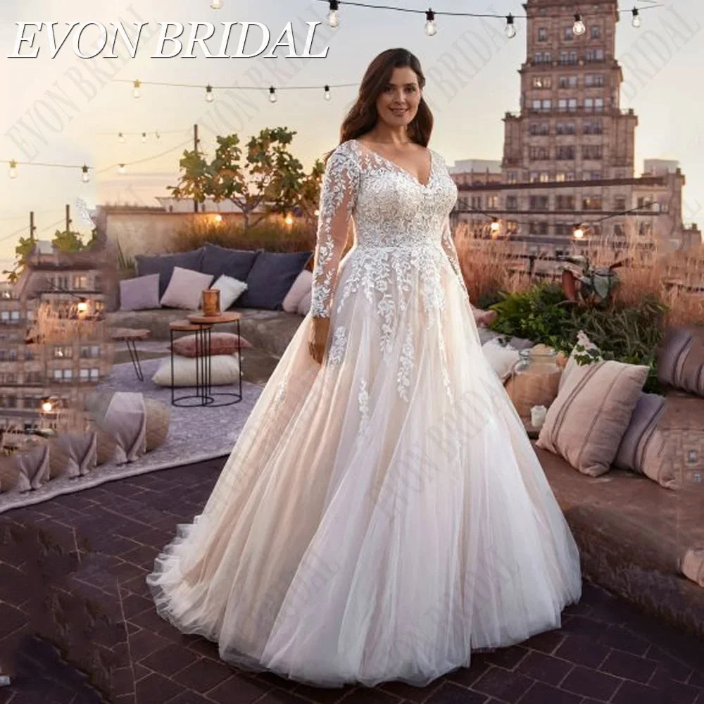 Gaun pengantin sampanye ringan plus ukuran lengan panjang gaun pengantin v-neck lace a-line vestidos de novia talla grande