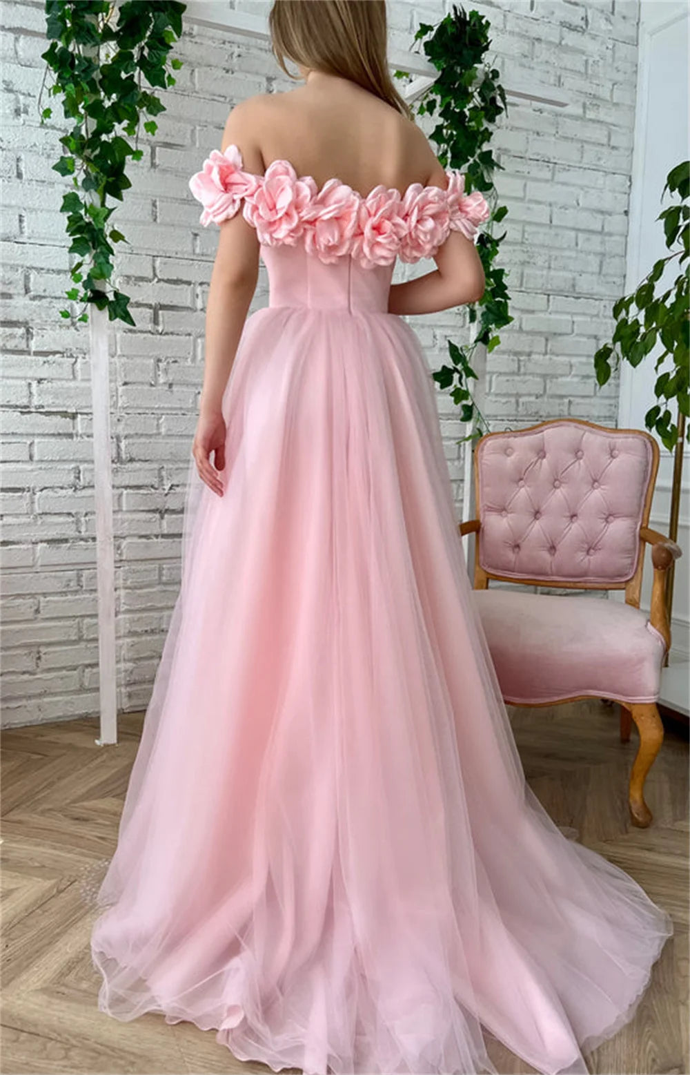 Baby Pink Tulle Sweep Trail Prom Dress Handmade Evening Dress A-line فستان سهرة Off The Shoulder فساتين مناسبة رسمية