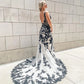 Mermaid Party Dress Handmade Embroidery Trumpet Prom Dress Black Lace White Embroidery Tulle Sweep Train فستان سهرة