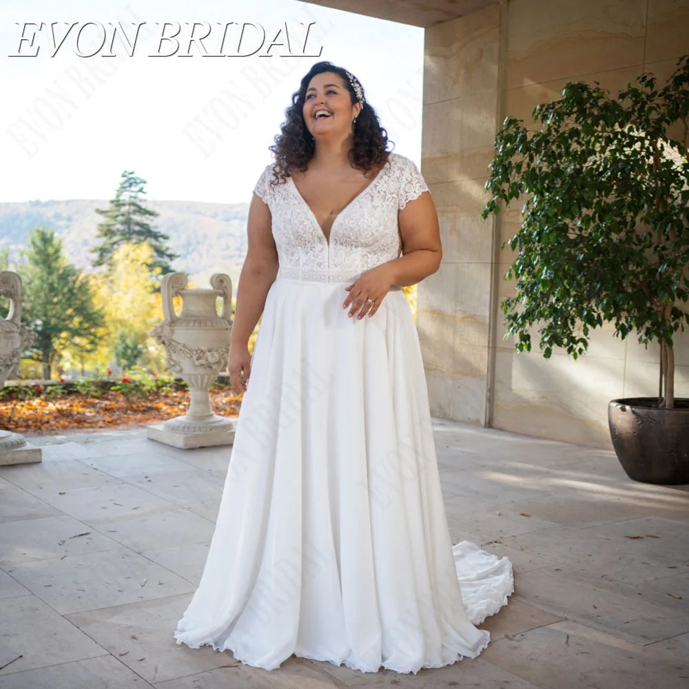 Chiffon A-Line Wedding Dress Plus Size Double V-Neck Lace Robe De Mariée Bride Gowns Short Sleeves Custom Made