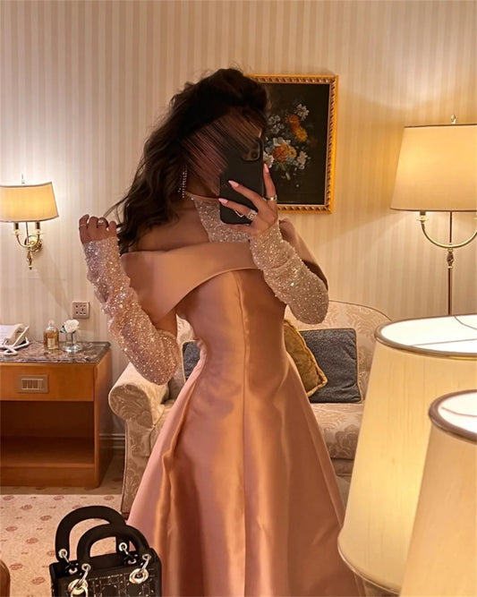 Glitter Halter Neck فستان سهرة Long Sleeve A-line Prom Dress Pink Satin Party Dress Sexy Off Shoulder Evening Dress