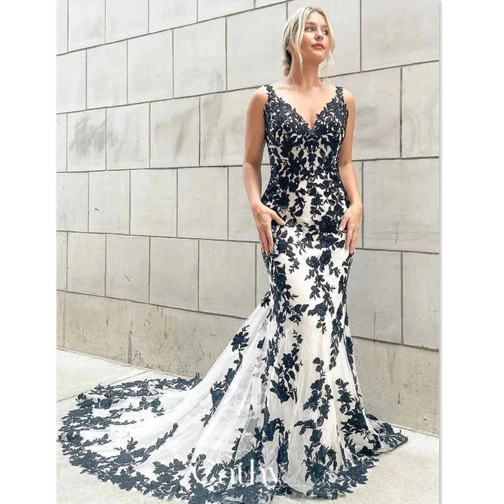 Mermaid Party Dress Handmade Embroidery Trumpet Prom Dress Black Lace White Embroidery Tulle Sweep Train فستان سهرة black tulle