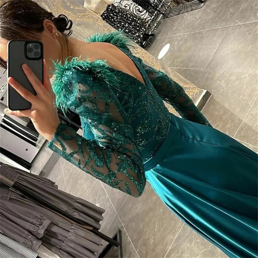 Glitter Sequins Mermaid Prom Dress Silk Satin Mermaid Evening Dress Lace Long Sleeve فستان سهرة Satin Tail Party Dress
