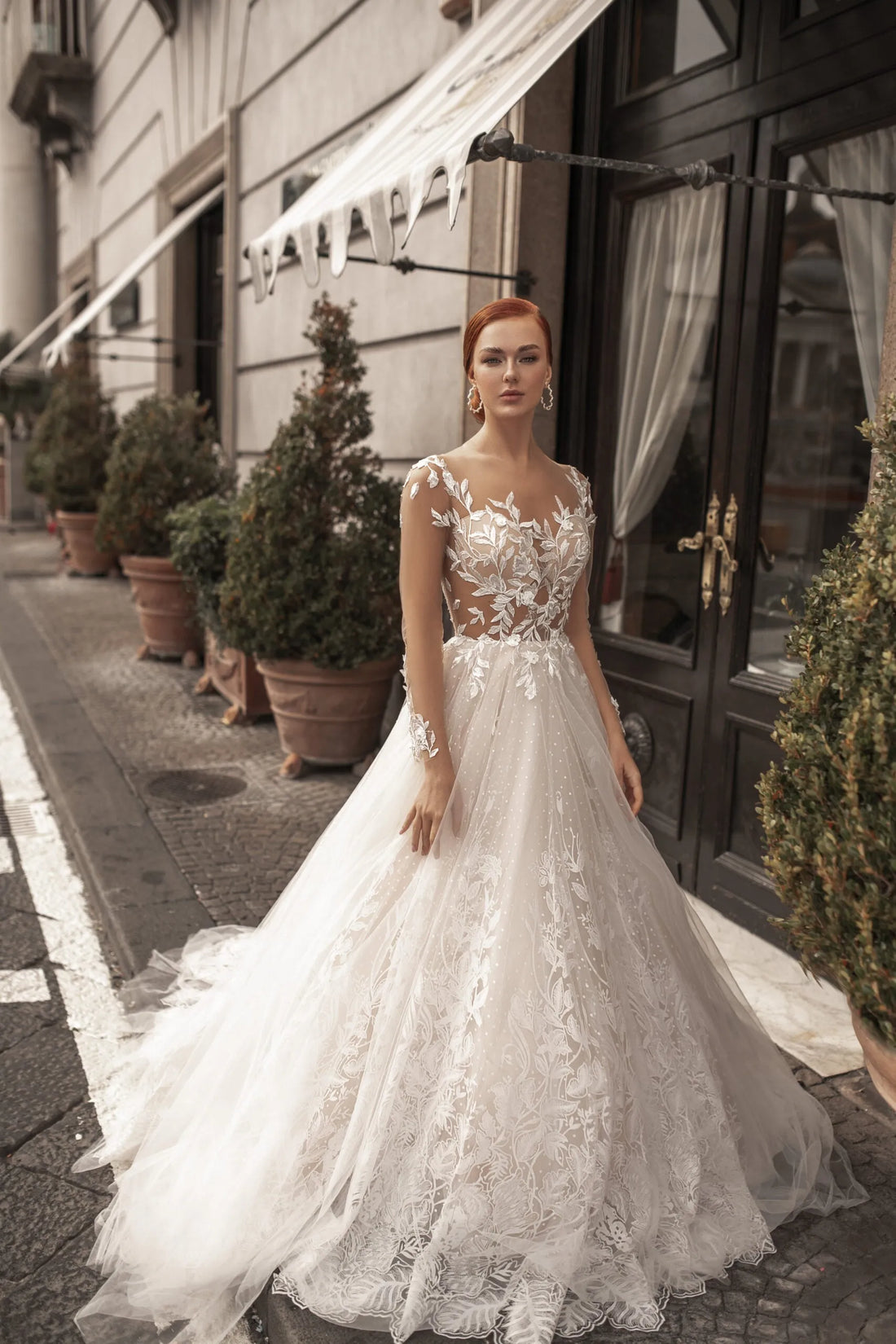 Ethereal A-Line Wedding Gown with Illusion Sleeves, Button Detailing, and a Romantic Puffy Silhouette Satin
