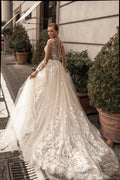Ethereal A-Line Wedding Gown with Illusion Sleeves, Button Detailing, and a Romantic Puffy Silhouette Satin