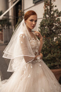 Ethereal A-Line Wedding Gown with Illusion Sleeves, Button Detailing, and a Romantic Puffy Silhouette Satin