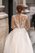 Ethereal A-Line Wedding Gown with Illusion Sleeves, Button Detailing, and a Romantic Puffy Silhouette Satin