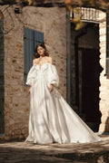 Beach Wedding Gown with Long Sleeves, Open Neckline, No Embellishments, and Natural Waistline Satin