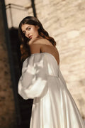 Beach Wedding Gown with Long Sleeves, Open Neckline, No Embellishments, and Natural Waistline Satin