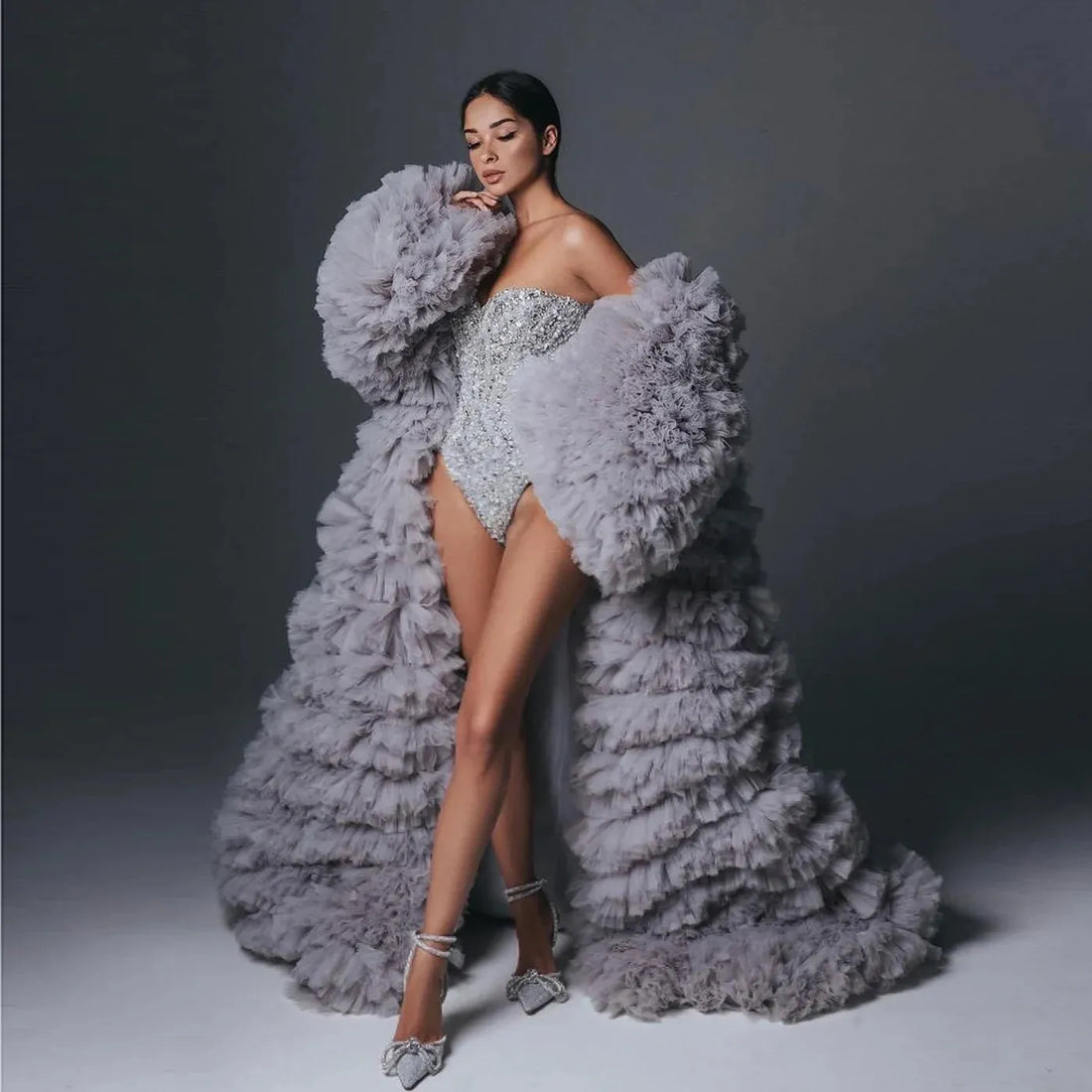 Amazing Tulle Coat Extra Puffy Layered Tulle Jacket for Stage and Performance Women Cape Fluffy Ruffled Best Coat GRAY