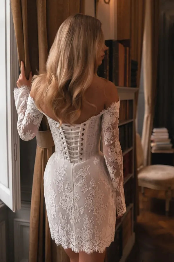 Lace Long Sleeve Wedding Dresses Off Shoulder Short Evening Dress Backless Princess Appliques Bride Gown Satin