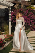 Exquisite Wedding Dresses sequined Lace Long Sleeves Bridal Gowns Custom Made Sexy Split Button Back Sweep Train Robes Satin