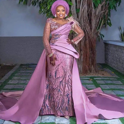 Hermosa lavanda Aso Ebi vestidos de graduación sirena de talla grande con cuentas vestidos de noche africanos mujeres nigerianas vestido de fiesta Formal largo