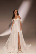 Charming off The shoulder sweetheart Tulle A Line Wedding Dresses side slit Custom Made Satin