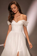Charming off The shoulder sweetheart Tulle A Line Wedding Dresses side slit Custom Made Satin
