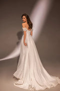 Charming off The shoulder sweetheart Tulle A Line Wedding Dresses side slit Custom Made Satin