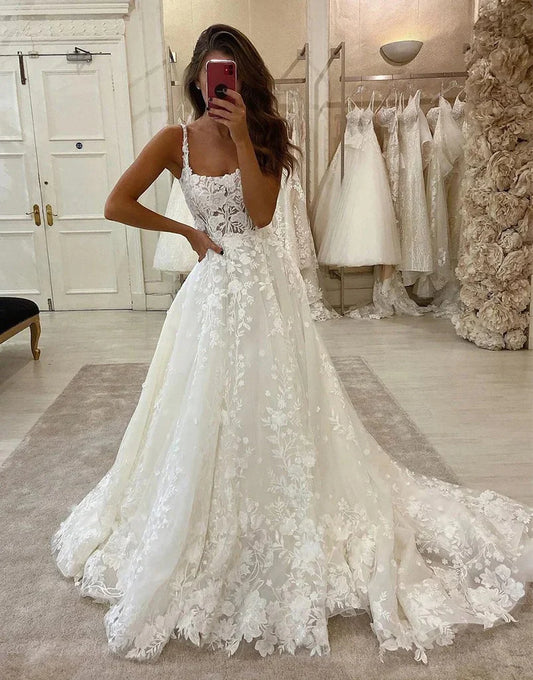 Gaun Pengantin Putri Lace Appliques Beach Bridal Gowns Boat Neck Spaghetti Straps Boho Country Wedding Gown Buka Kembali