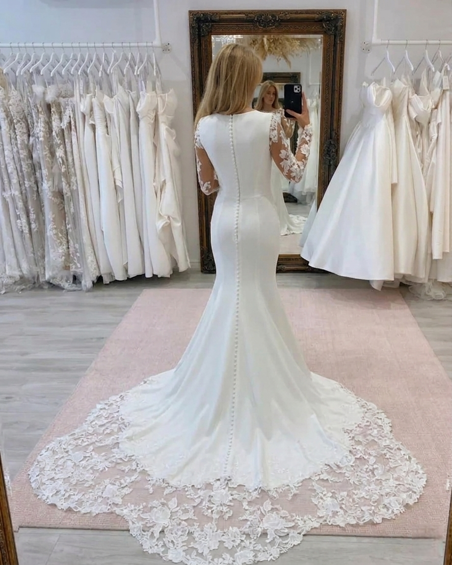 Charming Mermaid Wedding Dress High neck Lace Appliques Sweep Train Bridal Gowns Fashion Amanda Novias Vestido De Novia Beige 14w