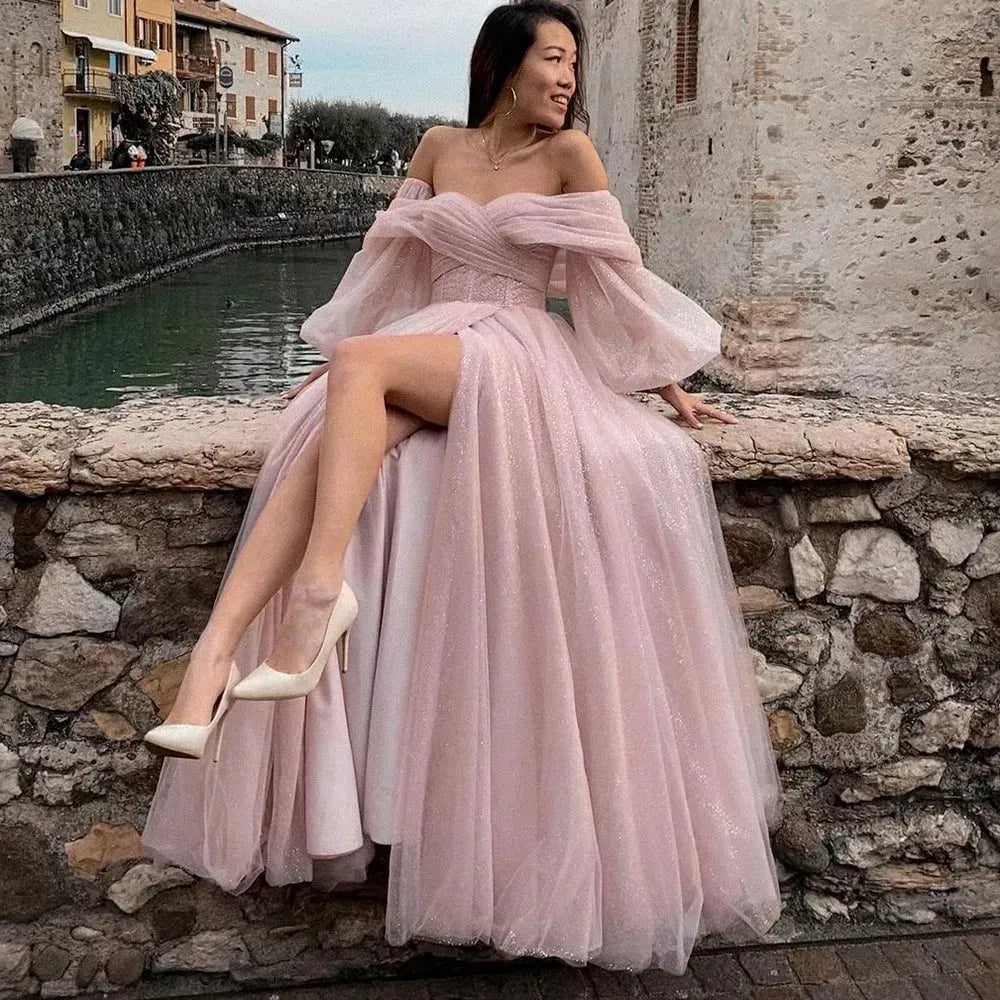 Princess Puffy Sleeve Prom Dress Sweeite Off The Shoulder Party Dress Tulle Sweep Train Evening Dresses Vestidos De Noche Pink