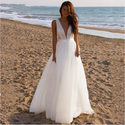 Vestidos de novia de playa blanco marfil bohemio largo pliegues simples cuello en V profundo elegante ilusión vestidos de novia tren de barrido mujer novia