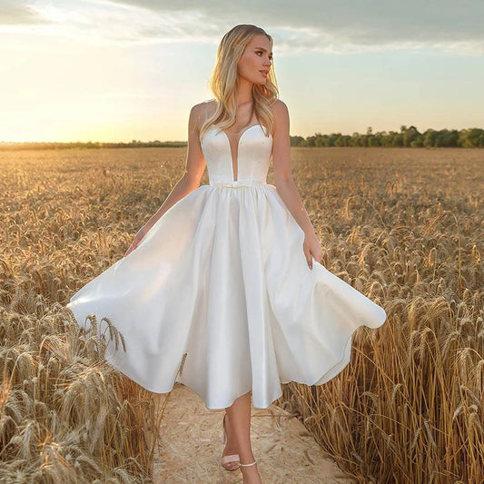 Vestido De novia corto bata De Mariee A-Line hasta la rodilla sin mangas escote en forma de corazón para mujer señora Simple playa perlas blancas elegante