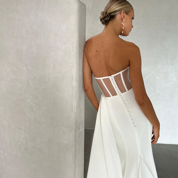 Atemberaubende Perlenstrailless -Hochzeitskleider Langes Zug Ridal -Kleid платья дя матери невесты