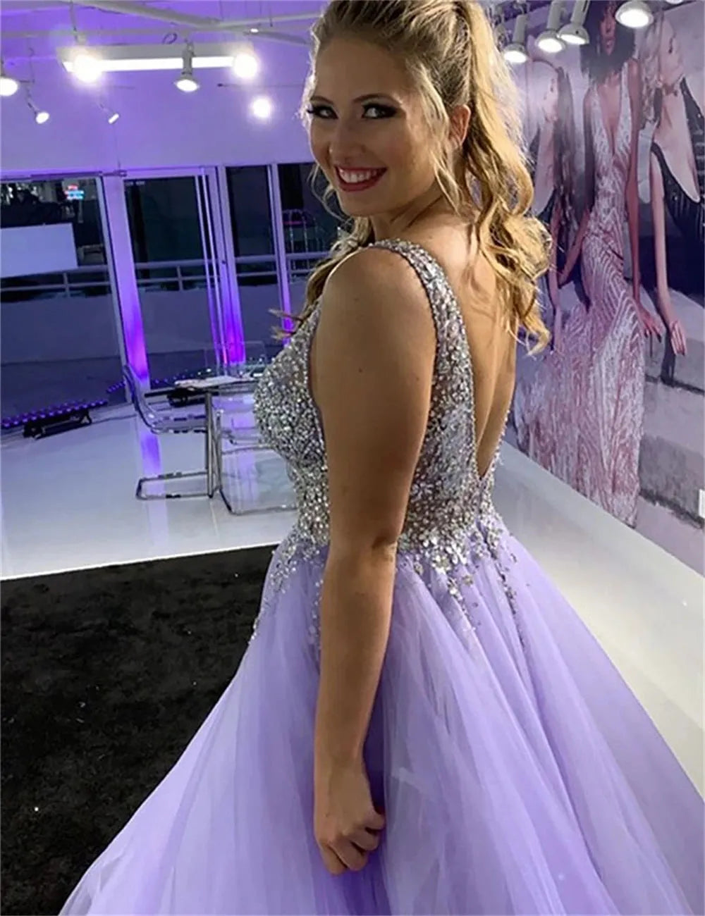 Beaded Rhinestone Prom Dresses Deep V Neckline Sleeveless Ball Gown Tulle Long Floor Length Women Formal Party Evening Gowns PURPLE