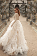 Elegant Puffy Princess Bridal Gown with Lace Embellishments and Jewel Neckline for a Timeless Wedding Look Satin