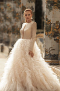 Elegant Puffy Princess Bridal Gown with Lace Embellishments and Jewel Neckline for a Timeless Wedding Look Satin