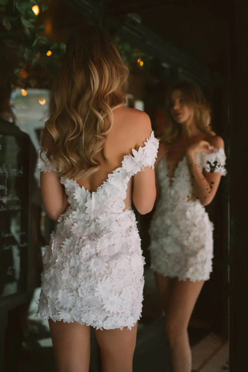 Vestidos de novia cortos elegantes, vestido de fiesta de flores con hombros descubiertos para novias, vestidos de noche con tren desmontable