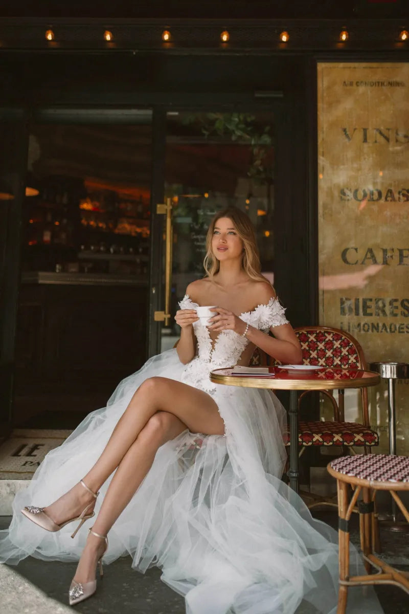 Vestidos de novia cortos elegantes, vestido de fiesta de flores con hombros descubiertos para novias, vestidos de noche con tren desmontable