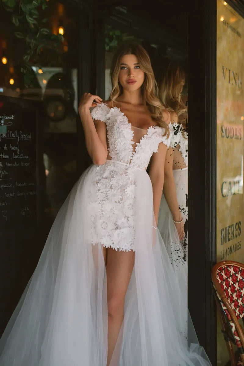 Vestidos de novia cortos elegantes, vestido de fiesta de flores con hombros descubiertos para novias, vestidos de noche con tren desmontable