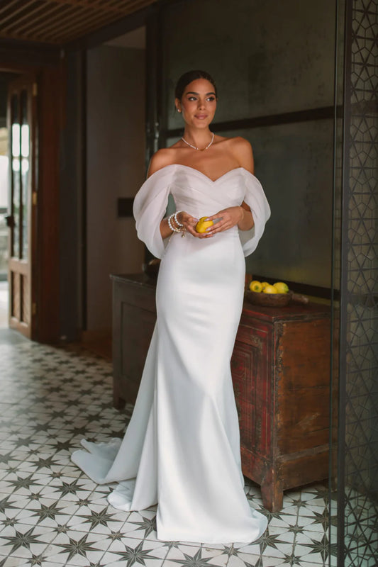 Élégant chérie sirène robe De mariée femmes blanc hors de l'épaule dos ouvert Satin robe De mariée balayage Train robes De Novia 